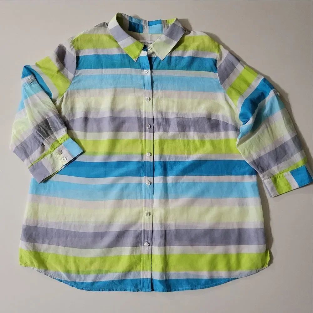 Coldwater Creek Women's Silk Blend Citron Stripe Button-Down Shirt